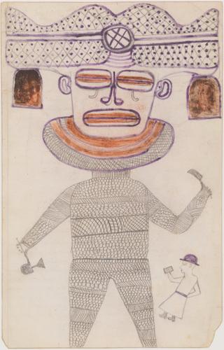 « Sans titre », artiste angolais anonyme (vers 1960, 32,5 cm x 21 cm, mine graphite et crayon de couleur au verso de pages de protocoles médicaux. Donation Bruno Decharme en 2021).