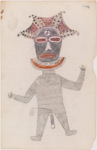 « Sans titre », artiste angolais anonyme (vers 1960, 32 cm x 21 cm, mine graphite et crayon de couleur au verso de pages de protocoles médicaux. Donation Bruno Decharme en 2021).