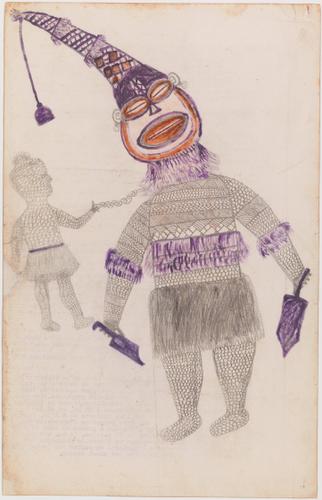 « Sans titre », artiste angolais anonyme (vers 1960, 32,5 cm x 21 cm, mine graphite et crayon de couleur au verso de pages de protocoles médicaux. Donation Bruno Decharme en 2021).