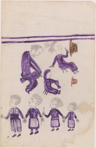 « Sans titre », artiste angolais anonyme (vers 1960, 32,5 cm x 21 cm, mine graphite et crayon de couleur au verso de pages de protocoles médicaux. Donation Bruno Decharme en 2021).