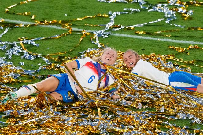 England's team captain Leah Williamson and Georgia Stanway, right, celebrate after winning the Women's Euro 2025 final match between England and Spain at St. Jakob-Park in Basel, Switzerland, on July 27, 2025.