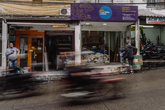 Headquarters of the Carteiro Amigo Express cooperative on the main street of Rocinha favela, Rio de Janeiro, Brazil, on June 9, 2025.