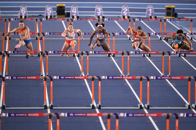 La finale du 60 m haies féminin lors des championnats du monde d’athlétisme en salle à Nanjing, en Chine, le 23 mars 2025.