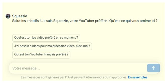 Des chabots incarnant des personnes réelles, comme le youtubeur Squeezie, ont été créés par des internautes, même si les règles de Meta l’interdisent.