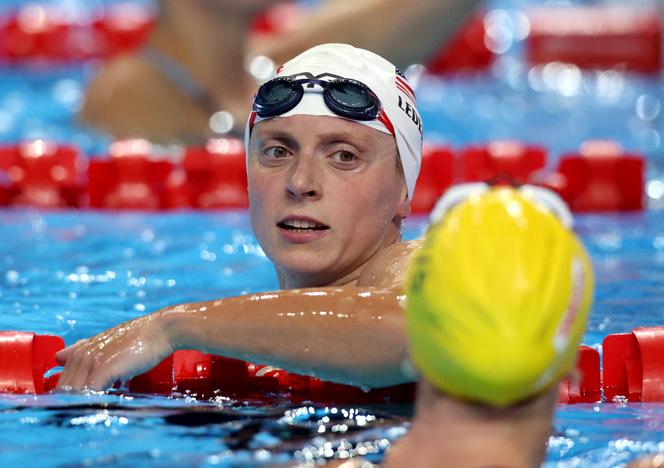 Katie Ledecky, après sa série sur 800 m nage libre aux Mondiaux de Singapour, le 1ᵉʳ août 2025.