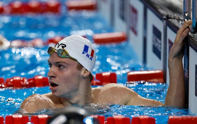 Léon Marchand après sa série du 400 m 4 nages lors des Mondiaux de natation à Singapour, le 3 août 2025.