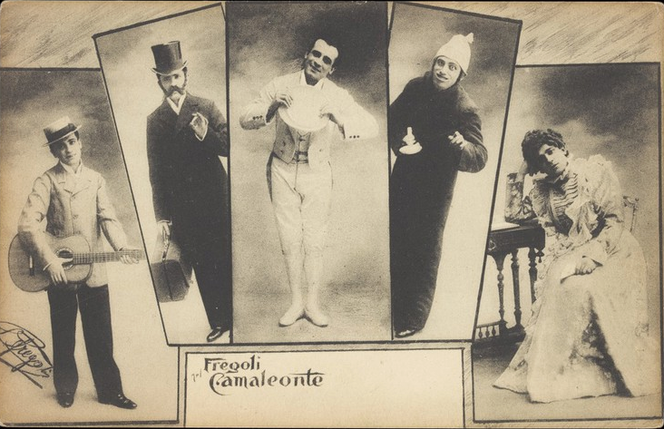 Leopoldo Fregoli, transformiste, pose dans plusieurs portraits en médaillon.