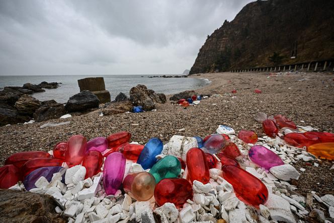 Des flotteurs de pêche en plastique et d’autres débris échoués le long d’une des plages de l’archipel de Miaodao, à Yantai (Chine), le 25 novembre 2024.