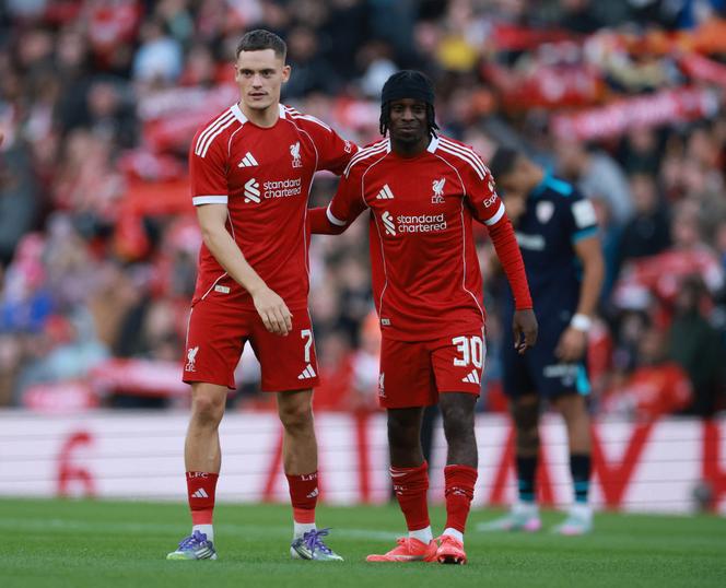 Florian Wirtz et Jeremie Frimpong, deux des recrues de l’été de Liverpool, lors d’un match amical contre l’Athletic Bilbao, le 4 août 2025.