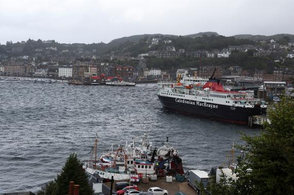 Caledonian MacBrayne ferry is moored at Oban harbour, as all ferries were cancelled due to Storm Floris, in Oban, Scotland, on August 4, 2025.