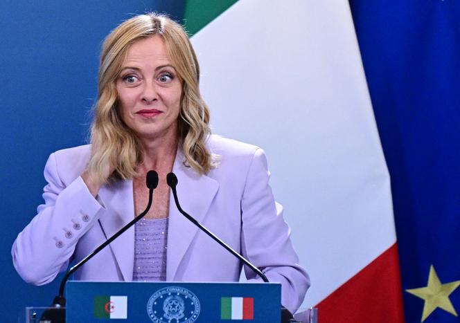 Italy's Prime Minister Giorgia Meloni addresses a joint press conference with Algeria's President during a summit at the Villa Doria Pamphili in Rome on July 23, 2025. (Photo by Tiziana FABI / AFP)