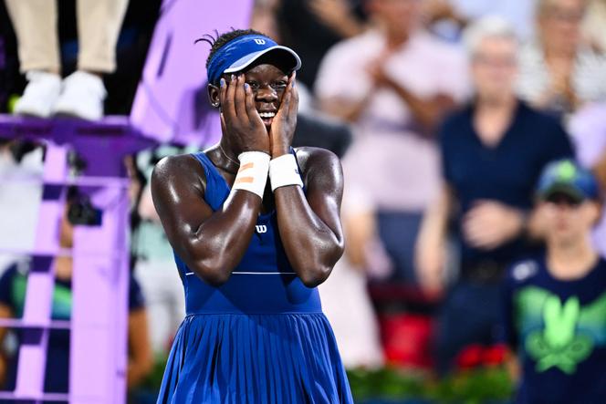 La réaction de joie de Victoria Mboko après sa victoire contre Naomi Osaka, en finale du simple dames des Masters 1000 de Montréal (Canada), le 7 août 2025.