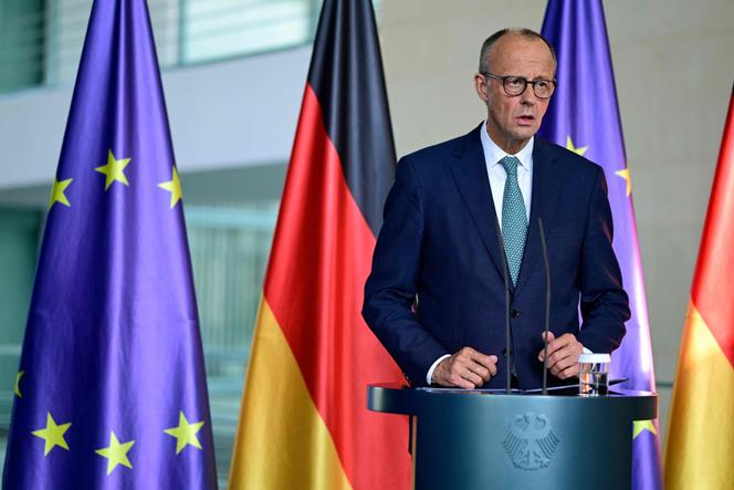 Le chancelier allemand, Friedrich Merz, à l’issue d’une réunion du cabinet de sécurité de son gouvernement, à Berlin, le 28 juillet 2025.