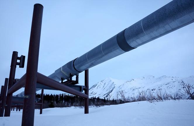 Une partie du réseau d’oléoducs Trans-Alaska longeant les montagnes de la chaîne de l’Alaska, près de Delta Junction, en Alaska, le 5 mai 2023.
