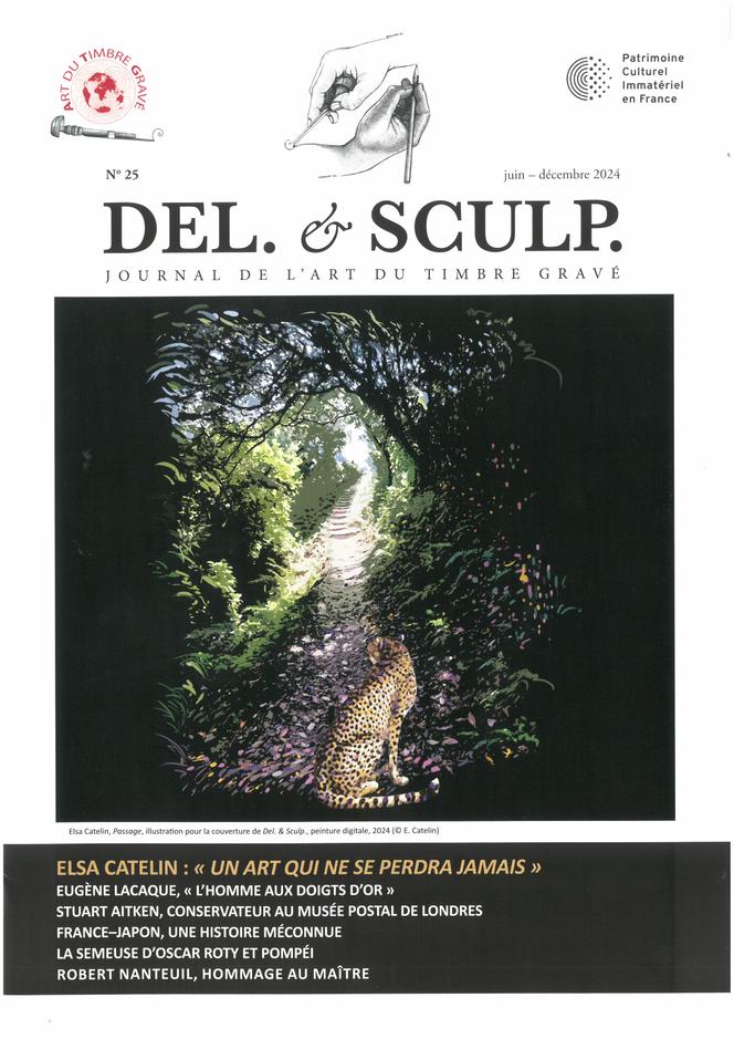 « Del. & Sculp. », juin-décembre 2024, 16 pages, semestriel édité par l’association Art du timbre gravé. Illustration d’Elsa Catelin.