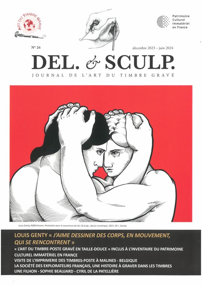 « Del. & Sculp. », décembre 2023-juin 2024, 16 pages, semestriel édité par l’association Art du timbre gravé. Illustration de Louis Genty.