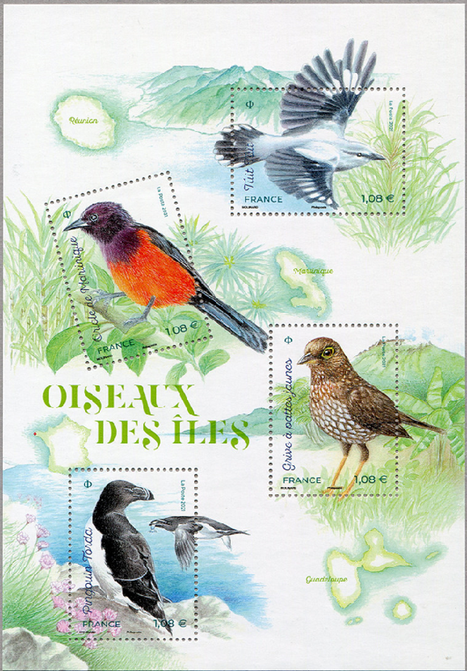 « Oiseaux des îles », dessiné par Isabelle Molinard mis en page par Valérie Besser, imprimé en héliogravure (d’après photos - Tuit tuit : Jaime Martinez - Oriole de Martinique : Vincent Lemoine - Grive à pattes jaunes : Régis Gomes/L’ASFA - Pingouin Torda : (c) Philippe Clément/Belpress/Andia). Tirage : 350 000.