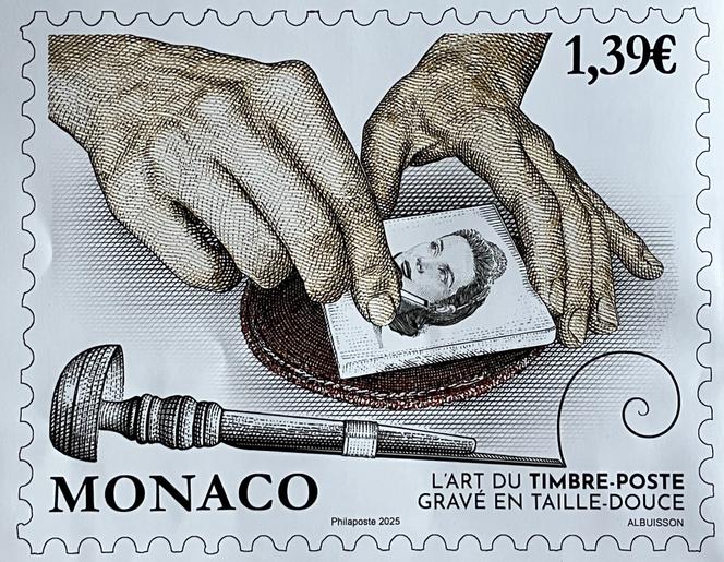 Timbre à paraître à Monaco sur l’art de la gravure des timbres en taille-douce, dessiné et gravé par Pierre Albuisson.