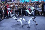 Un match de boxe sur le stand d’Unitree, pendant la Conférence mondiale sur la robotique, à Pékin, le 8 août 2025.