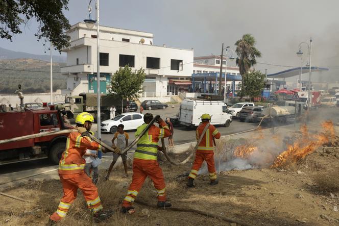 Les pompiers marocains luttent contre un incendie de forêt dans la province rurale de Chefchaouen, au nord du Maroc, le 13 août 2025.