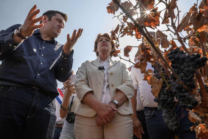 La ministre de l’Agriculture Annie Genevard en visite dans un vignoble touché par un récent incendie de forêt, à Saint-Laurent-de-la-Cabrerisse (Aude) le 14 août 2025. 