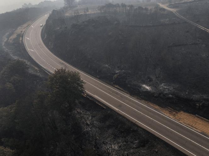 Une vue par drone montre de la végétation brûlée près d’une route, alors que des incendies de forêt font rage dans la province d’Ourense, en Galice, Espagne, le 16 août 2025.