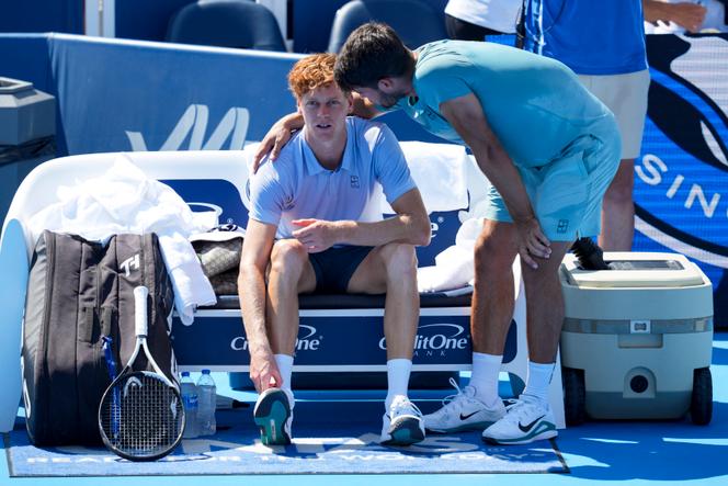 L’Italien Jannik Sinner réconforté par l’Espagnol Carlos Alcaraz, après son abandon en finale du tournoi Masters 1000 de Cincinnati (Ohio), le 18 août 2025.