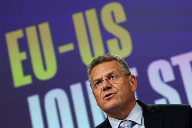 Le commissaire européen au commerce, Maros Sefcovic, lors d’une conférence de presse au siège de l’UE, à Bruxelles, le jeudi 21 août 2025.
