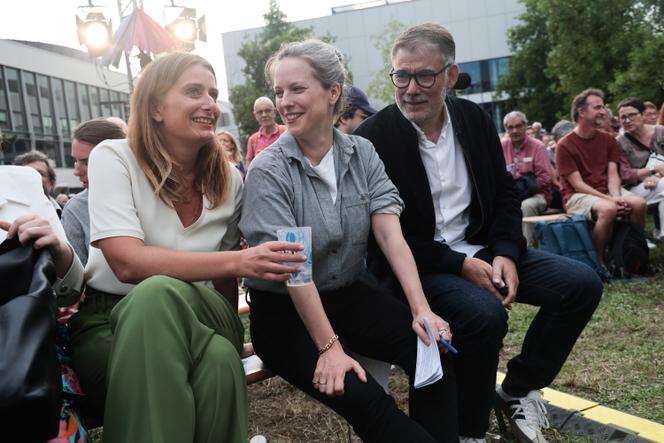 Marine Tondelier, Lucie Castets et Olivier Faure aux Journées d’été des Ecologistes, à Strasbourg, le 21 août 2025.