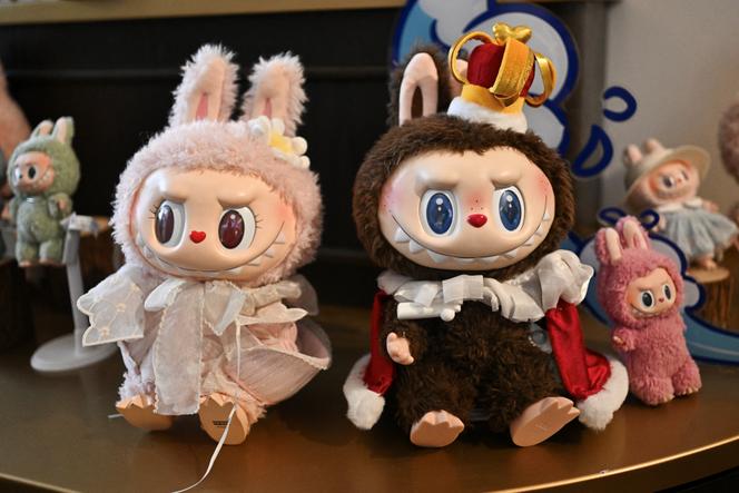 Des figurines Mokoko (à gauche) et Labubu dans une salle du parc d’attractions de Pop Mart, à Pékin, le 18 juin 2025.