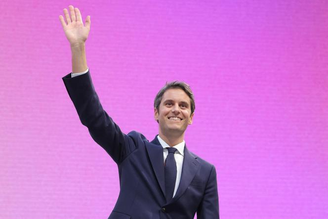 Gabriel Attal, lors d’un meeting du parti Renaissance, à la Cité du cinéma à Saint-Denis (Seine-Saint-Denis), le 6 avril 2025.