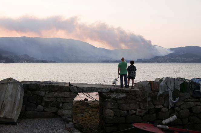 Un panache de fumée provenant d’un feu de forêt, près de Santa Cristina de Cobres, dans la province de Pontevedra, en Espagne, le 21 août 2025.