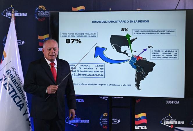 Le ministre de l’intérieur vénézuélien, Diosdado Cabello lors d’une conférence de presse à Caracas, le 25 août 2025.
