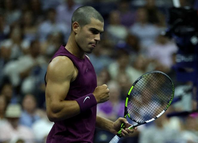 Carlos Alcaraz reacts during his first-round match of the US Open against Reilly Opelka, August 25, 2025, in New York City.