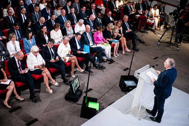 Le premier ministre, François Bayrou, lors de sa conférence de presse portant sur son budget pour 2026, à Paris, le 25 août 2025.