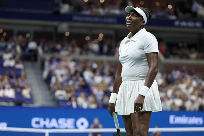 Venus Williams reacts against Karolina Muchova during the first round of the US Open, on August 25, 2025, in New York City.   