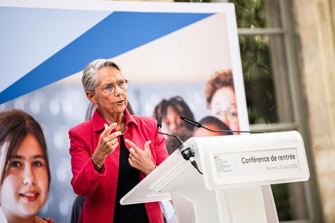 La ministre de l’éducation nationale, Elisabeth Borne, durant sa conférence de presse de rentrée scolaire, à Paris, le 27 août 2025.