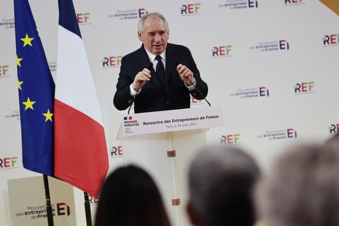 Le premier ministre, François Bayrou, lors de l’université d’été du Medef, à Paris, le 28 août 2025.
