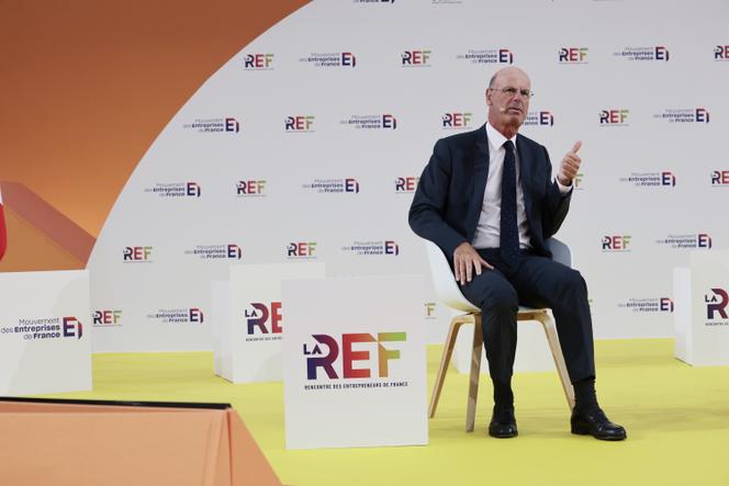 Le ministre de l’économie, Eric Lombard, à la Rencontre des entrepreneurs de France, l’université d’été du Medef, à Paris, le 28 août 2025. 