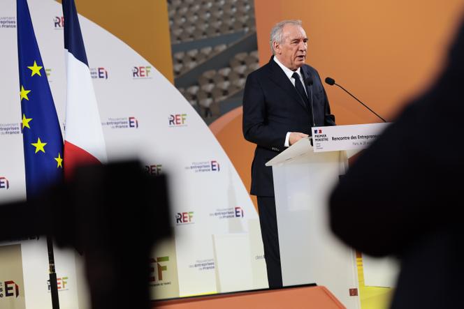 Le premier ministre, François Bayrou, lors de l’université d’été du Medef, à Paris, le 28 août 2025.