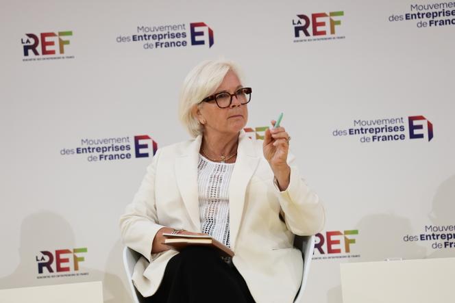 La ministre du travail, de la santé, des solidarités et des familles démissionnaire, Catherine Vautrin, lors des universités d’été du Medef, à Paris, le 28 août 2025.