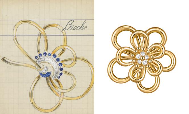 A gauche : dessin de la broche Silhouette créée par Van Cleef & Arpels à la fin des années 1930. A droite : clip pendentif Flowerlace, de Van Cleef & Arpels.
