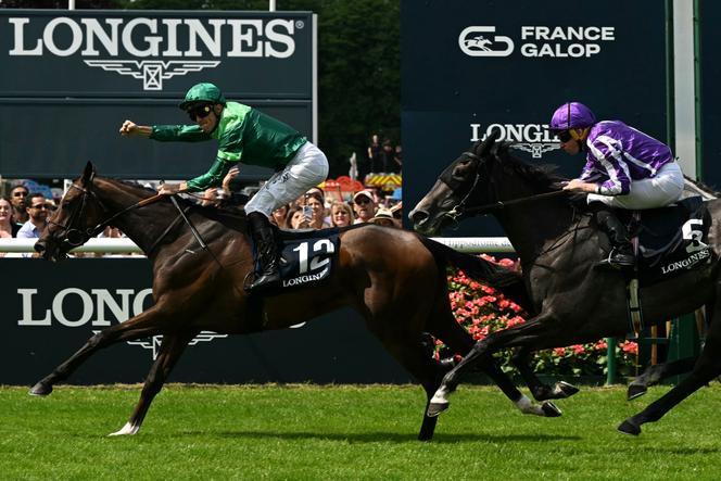 Le Belge Christophe Soumillon, montant « Gezora », franchit la ligne d’arrivée et remporte le prix Diane Longines à l’hippodrome de Chantilly (Oise), le 15 juin 2025.