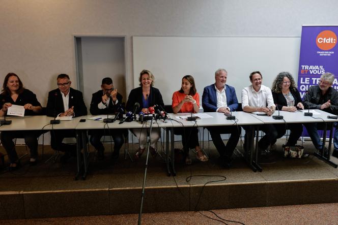 Les principaux responsables syndicalistes français, lors d’une conférence de presse de l’intersyndicale, à Paris, le 29 août 2025.