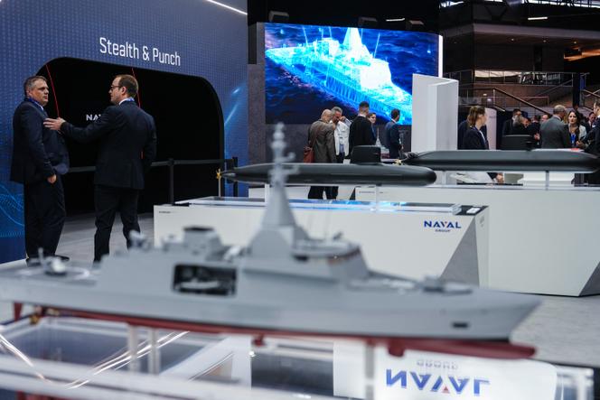 Le stand du constructeur Naval Group, lors du salon mondial du naval de défense Euronaval 2024, à Villepinte (Seine-Saint-Denis), le 4 novembre 2024.