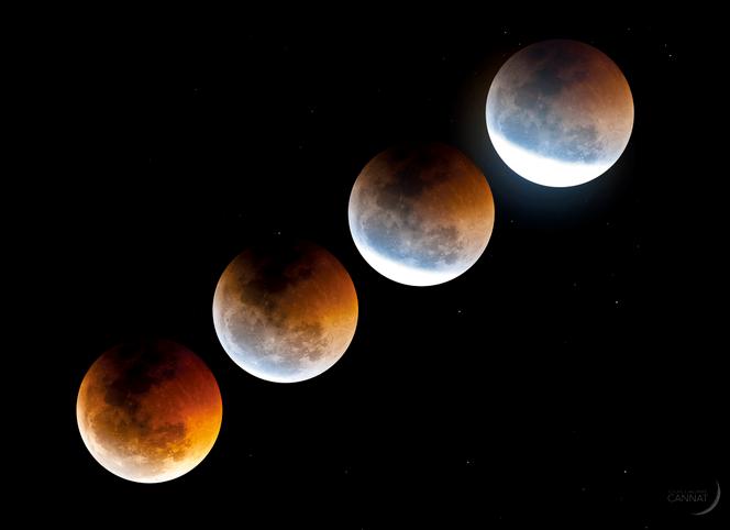 Lors d’une éclipse totale de Lune, comme celle qui se déroulera le dimanche 7 septembre 2025, l’ombre de la Terre recouvre l’intégralité du globe lunaire et celui-ci présente une teinte orangée plus ou moins intense car il n’est plus éclairé que par le rayonnement solaire qui traverse l’atmosphère à la périphérie de notre planète et se pare donc de couleurs dignes des plus beaux couchers de Soleil. Ces couleurs, visibles à l’œil nu sans aucun danger, vont de l’orange au rouge brique en passant par toutes les nuances du cuivre ; une frange bleuâtre borde souvent l’ombre, mais elle n’est perceptible qu’avec un instrument optique ou photographiquement. Ces quatre images montrent la fin de l’éclipse totale de Lune du 15 juin 2011 à La Réunion. Technique : boîtier Nikon D700 au foyer d’un télescope de Newton de 210 mm de diamètre ouvert à 3 (Takahashi Epsilon) ; poses de 10 secondes à 1/6e de seconde (400 ISO).