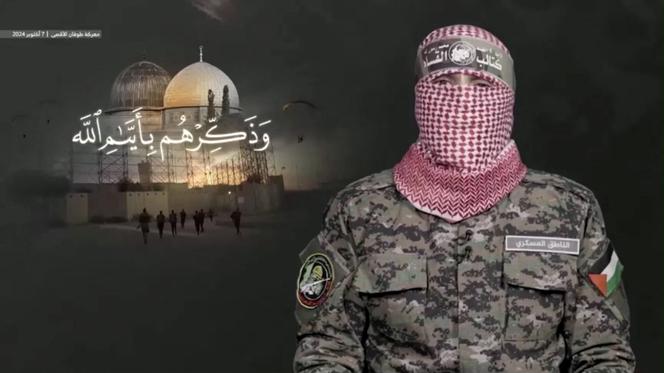 Une personne masquée, qui serait Abou Obeida, porte-parole des Brigades Ezzedine Al-Qassam, la branche armée du Hamas, lors du premier anniversaire de l’attaque du 7 octobre 2023. Capture d’écran tirée d’une vidéo diffusée le 7 octobre 2024.