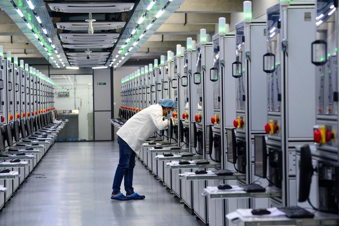 Un technicien de laboratoire surveillant la progression de graines de diamants synthétiques dans l’usine Greenlab Diamonds, en périphérie de Surat, en Inde, le 6 février 2024.