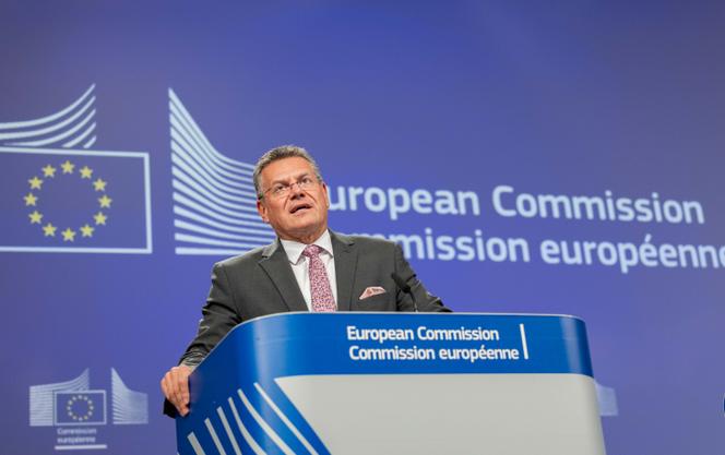 Maros Sefcovic, commissaire européen au commerce et à la sécurité économique, lors d’une conférence de presse sur les accords commerciaux UE-Mexique et UE-Mercosur, au siège de la Commission européenne, à Bruxelles, mercredi 3 septembre 2025.