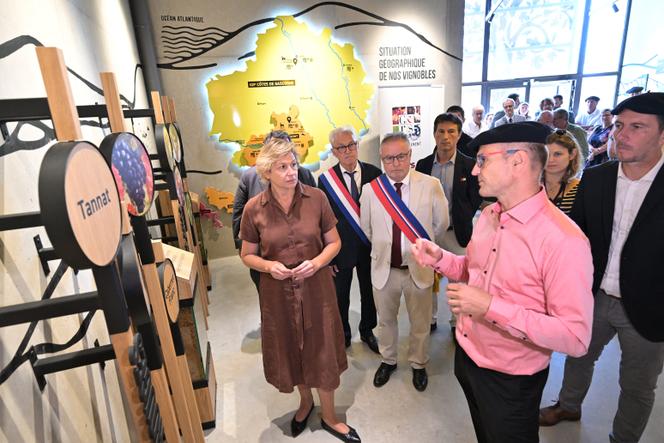 Olivier Bourdet-Pees, directeur général de Plaimont Producteurs (en rose), lors de l’inauguration du point d’accueil des touristes de l’Atelier des cépages, à Saint-Mont (Gers), le 2 août 2025.